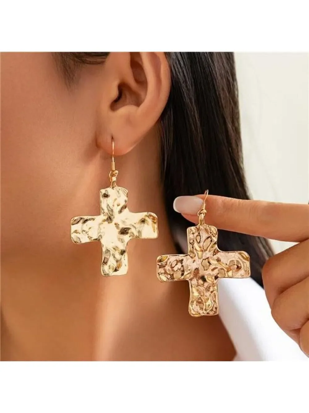Chunky Gold Big Hammered Cross Drop Dangle Earrings for Women Trendy Jewelry